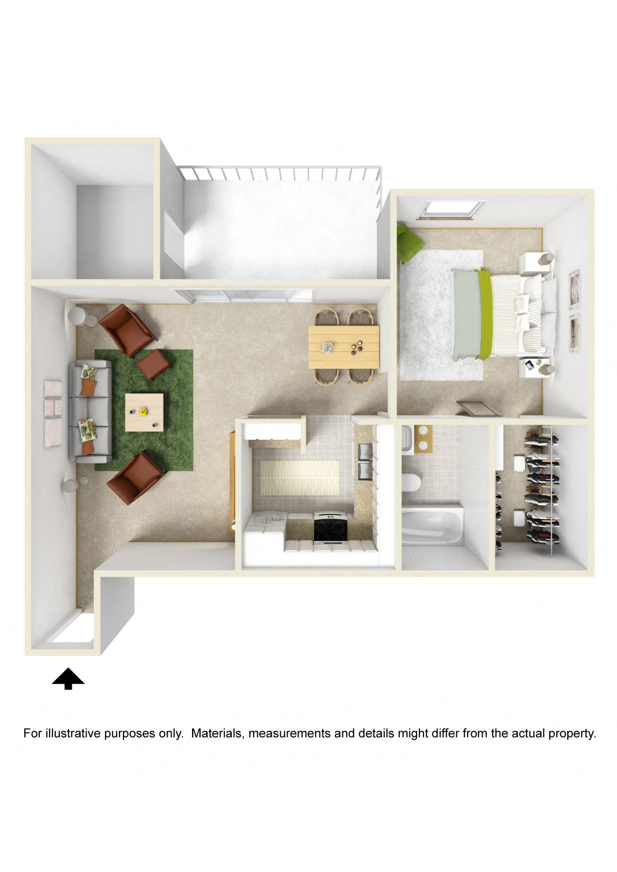 Floor plan for 1 bed, 1 bath, 702 sqft